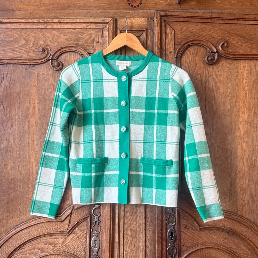 Cynthia Rowley Plaid Button Up Cardigan Green and White Long Sleeve - Picture 4 of 10